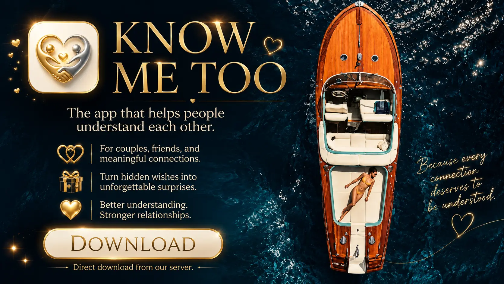A wooden speedboat on deep blue water carrying the KNOW ME TOO logo